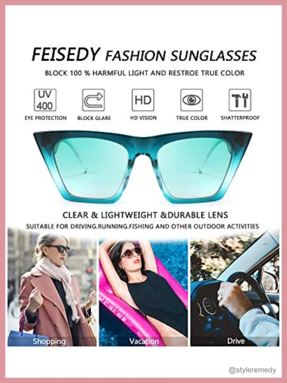 Vintage Square Cat Eye Sunglasses UV400 Protection Lightweight Acetate Frame